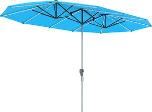 Podwójny parasol Outsunny z lampami solarnymi LED 451 x 267 cm, aluminiowy parasol UV 50+ z korb, z wókna szklanego, parasol balkonowy, wiatroodporny, ochrona przeciwsoneczna na balkon, ogród, niebieski