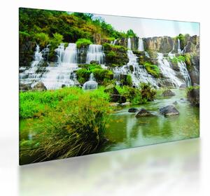 Obraz na szkle - wodospady z zielenią (70x50 cm)