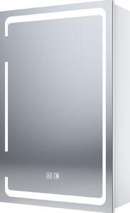 Jednodrzwiowa szafka z lustrem SONNI wykonana z metalu, 380x600x140 mm, ze ciemnianym owietleniem LED, podwójnymi przecznikami dotykowymi, zintegrowanym gniazdem golarki, do montau na cianie