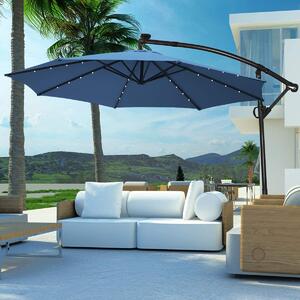 Obrotowy parasol 360° 300 cm, uchylny parasol ogrodowy z 32 lampkami i korbk, ochrona UV i stojak, parasol wspornikowy 8 eber na balkon (niebieski)