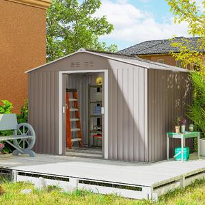 Domek ogrodowy Outsunny Metal 4,9 m², z dachem dwuspadowym, drzwiami przesuwnymi, fundamentem, 277 x 195 x 192 cm, ocynkowany stalowy domek narzdziowy, odporny na warunki atmosferyczne, do ogrodu, jasnoszary