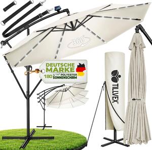 Tillvex aluminiowy parasol wspornikowy beowy LED solar Ø 300 cm z korb | parasol z wcznikiem/wycznikiem | parasol ogrodowy ochrona UV aluminium | parasol na korb ze stojakiem parasol rynkowy wodoodporny