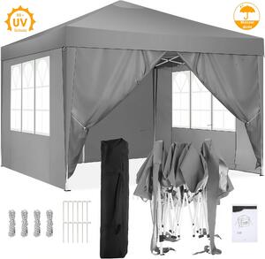 Skadany pawilon 3x3m Pop Up Skadany pawilon z 4 cianami bocznymi, wodoodporny, ochrona UV 50+ namiot ogrodowy, namiot imprezowy, pawilon ogrodowy, z torb, szary