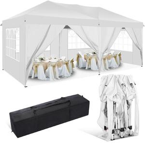 Pawilon 3x6m, namiot ogrodowy skadany, wodoodporny, ochrona UV, z 4 panelami bocznymi i 2 wejciami, 12 koków i 4 liny i 1 torba do przenoszenia, na taras ogrodowy, impreza, biay