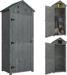 Drewniana szopa ogrodowa Outsunny, odporna na warunki atmosferyczne, szopa na narzdzia 77x54,2x179 cm, szopa na narzdzia z drzwiami, dach dwuspadowy, szafka na narzdzia z pókami, szafka na narzdzia do ogrodu, na patio, szaro-zielona