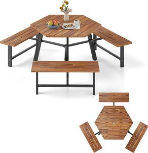 Zestaw piknikowy KOMFOTTEU dla 6 osób, zestaw wypoczynkowy z drewna akacjowego z otworem na parasol, stó i 3 awki do ogrodu, na taras, 191 x 165 x 70 cm