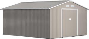 Domek ogrodowy Outsunny 12,4 m², z dachem dwuspadowym, drzwiami przesuwnymi, fundamentem, 386 x 340 x 200 cm, ocynkowany stalowy domek narzdziowy, odporny na warunki atmosferyczne, do ogrodu, jasnoszary