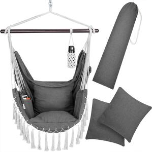 DETEX® Fotel wiszcy do 150 kg z uchwytem na butelk Styl boho Odporny na warunki atmosferyczne Obrotowy fotel wiszcy 360° Antracytowy Poduszka do wntrz i na zewntrz