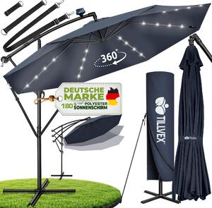 Tillvex aluminiowy parasol wspornikowy granatowy LED solar Ø 350 cm z korb | parasol z wcznikiem/wycznikiem | parasol ogrodowy ochrona UV aluminium | parasol na korb ze stojakiem parasol rynkowy wodoodporny