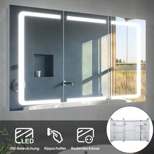 Szafka azienkowa SONNI z owietleniem LED, szafka azienkowa ze stali nierdzewnej z gniazdkiem elektrycznym i przecznikiem, 3-drzwiowa, 105 x 65 cm