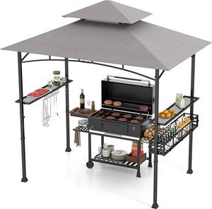 Pawilon grillowy 242 x 153 cm, podwójny dach z haczykami, solidna metalowa rama, schowek i kosz, wiata grillowa na patio, namiot pawilonowy na zewntrz
