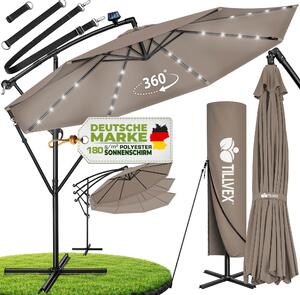 Tillvex Aluminiowy parasol soneczny Cappuccino LED Solar Ø 300 cm z korbk | Parasol z wcznikiem/wycznikiem | Parasol ogrodowy z ochron przed promieniowaniem UV, aluminiowy | Parasol z korbk i stojakiem, parasol targowy, wodoodporny