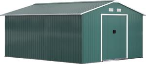 Domek ogrodowy Outsunny 12,4 m², z dachem dwuspadowym, drzwiami przesuwnymi, fundamentem, 386 x 340 x 200 cm, ocynkowany stalowy domek narzdziowy, odporny na warunki atmosferyczne, do ogrodu, ciemnozielony