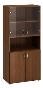 Alfa Office Wysokie szerokie szafy Alfa 500, 178 x 80 x 47 cm, z wnęką i drzwiczkami z płyty meblowej i szklanymi, dekor orzech