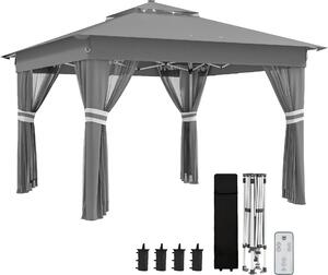 Altana skadana Outsunny ok. 3 x 3 m, z owietleniem LED, 4 firanki, ciana boczna, altana ogrodowa z bukakiem na wod, podwójny dach, torba transportowa, na balkon, taras, ciemnoszara