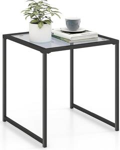 Kwadratowy stolik nocny 43 x 43 cm, minimalistyczny stolik nocny z blatem z hartowanego szka i solidn metalow ram, stolik na sof, czarny