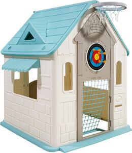 SucceBuy Outdoor Playhouse 5 w 1: domek ogrodowy z miejscem do odgrywania ról, obrcz do koszykówki, tarcz do rzutek, bramk do piki nonej i gr w rzucanie piercieniem. Domek dla dzieci z drzwiami, zjedalni i oknami dla dzieci w wieku od 2 lat