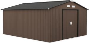 Domek ogrodowy Outsunny 12,4 m², z dachem dwuspadowym, drzwiami przesuwnymi, fundamentem, 386 x 340 x 200 cm, ocynkowany stalowy domek narzdziowy, odporny na warunki atmosferyczne, do ogrodu, brzowy