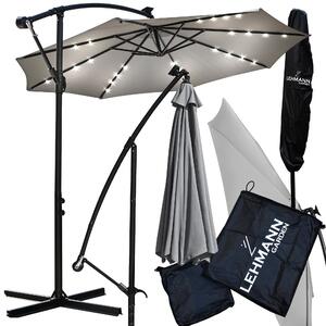 Parasol ogrodowy LEHMANN FLASH z lampkami solarnymi, skadany 350 cm rednicy, kolor szary, mozliwo regulacji konta nachylenia, z pokrowcem