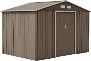 Domek ogrodowy Outsunny 4,9 m², z dachem dwuspadowym, drzwiami przesuwnymi, fundamentem, 277 x 195 x 192 cm, ocynkowany stalowy domek narzdziowy, odporny na warunki atmosferyczne, do ogrodu, brzowy