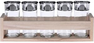 Pojemniki kuchenne szklane na przyprawy, zestaw na drewnianym stojaku