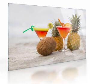 Obraz na szkle ananasów i szklanek na plaży (70x50 cm)