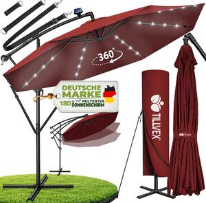 Tillvex aluminiowy parasol wspornikowy czerwony LED solar Ø 300 cm z korb | parasol z wcznikiem/wycznikiem | parasol ogrodowy ochrona UV aluminium | parasol na korb ze stojakiem parasol rynkowy wodoodporny