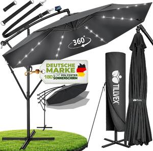 Tillvex aluminiowy parasol wspornikowy antracytowy LED solar Ø 350 cm z korb | parasol z wcznikiem/wycznikiem | parasol ogrodowy ochrona UV aluminium | parasol na korb ze stojakiem parasol rynkowy wodoodporny