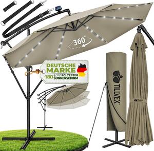 Tillvex aluminiowy parasol wspornikowy brzowy LED solar Ø 300 cm z korb | parasol z wcznikiem/wycznikiem | parasol ogrodowy ochrona UV aluminium | parasol na korb ze stojakiem parasol rynkowy wodoodporny