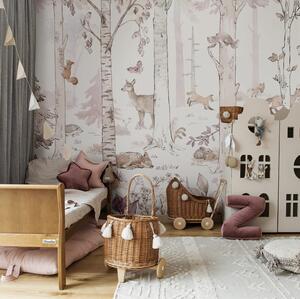 Tapeta HELLO RABBIT - white- tapeta ze zwierzątkami i lasem do pokoju dziecięcego
