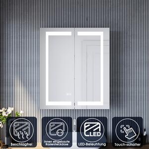 SONNI szafka z lustrem LED na zawiasach 60x70x13 cm z podwójnym przecznikiem dotykowym + przecznikiem przeciwmgielnym i gniazdem golarki