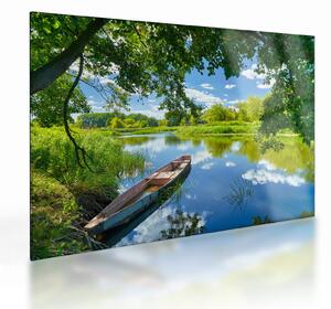 Obraz na szkle letniej rzeki z łodzią (70x50 cm)