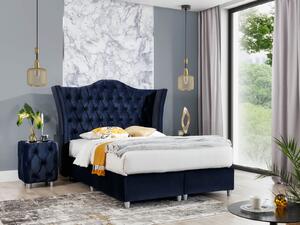 Łóżko tapicerowane Till 140x200 niebieski welur na drewnianej skrzyni