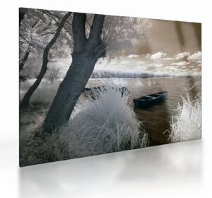 Obraz na szkle łodzi na jeziorze (70x50 cm)
