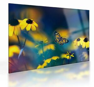 Obraz na szkle - Żółty motyl z kwiatami (70x50 cm)