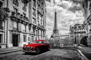Samoprzylepna tapeta czerwony samochód retro w Paryżu