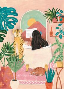 Ilustracja Woman taking bath in pink tropical bathroom, Caroline Bonne Muller