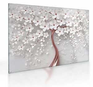 Obraz na szkle - Obraz na szkle białego drzewa z kwiatami, rosegold (70x50 cm)