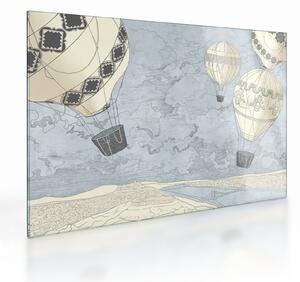Obraz na szkle - Balony nad miastem, zimne odcienie (70x50 cm)