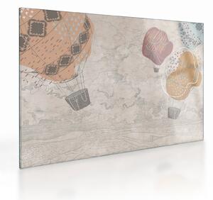 Obraz na szkle - Balony nad miastem, ciepłe odcienie (70x50 cm)