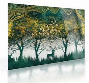 Obraz na szkle - Jelenie w zielonym lesie (70x50 cm)