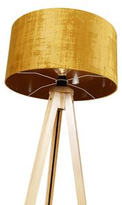 Lampa podłogowa drewniana z kloszem z tkaniny złoty 50 cm - Tripod Classic Oswietlenie wewnetrzne