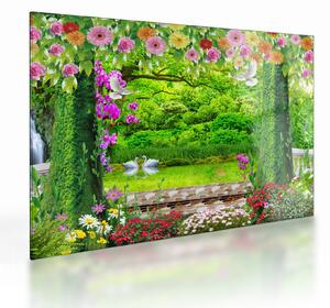 Obraz na szkle - Magiczny ogród z łabędziami (70x50 cm)