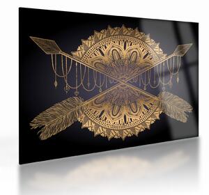 Obraz na szkle - Złota mandala ze strzałkami (70x50 cm)