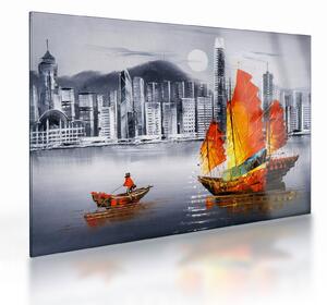 Obraz na szkle - Victoria Harbor, Hongkong, czarno-biały obraz olejny (70x50 cm)