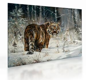 Obraz na szkle - Tygrys w zaśnieżonym lesie, obraz olejny (70x50 cm)