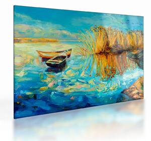 Obraz na szkle - Jezioro z łodziami (70x50 cm)