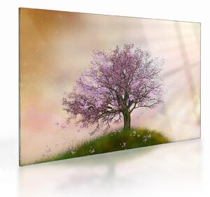 Obraz na szkle kwitnącego drzewa na szczycie wzgórza (70x50 cm)