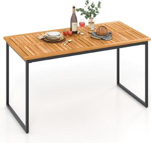 Stó z drewna akacjowego, prostoktny stó ogrodowy 140 cm z blatem z drewna akacjowego, metalowymi nogami i otworem na parasol dla 6-8 osób, naturalny + czarny