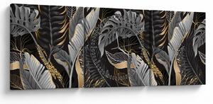 Obraz - Tropikalne liście w kolorze czarno - złotym (z zegarem) (90x30 cm)